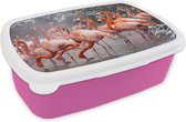 Broodtrommel Roze - Lunchbox - Brooddoos - Flamingo - Sneeuw - Water - 18x12x6 cm - Kinderen - Meisje