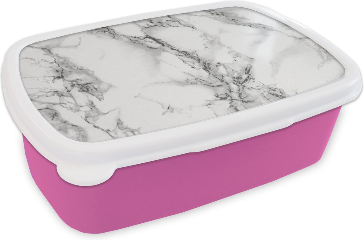 Broodtrommel Roze - Lunchbox - Brooddoos - Marmer - Patroon - Lijn - 18x12x6 cm - Kinderen - Meisje