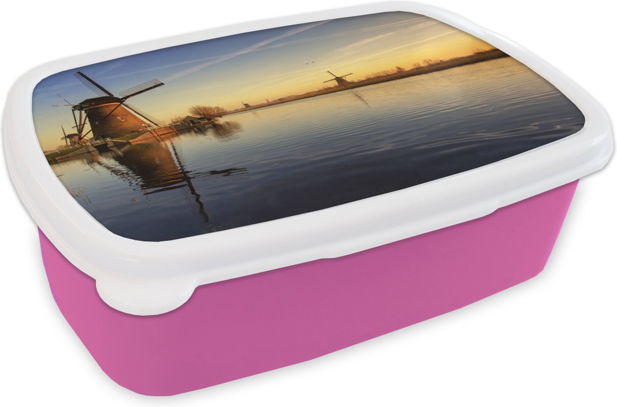Broodtrommel Roze - Lunchbox - Brooddoos - Molen - Water - Horizon - 18x12x6 cm - Kinderen - Meisje
