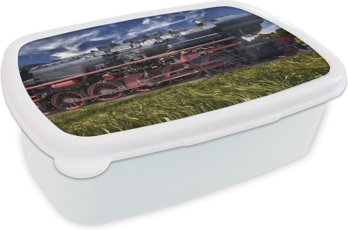 Broodtrommel Wit - Lunchbox - Brooddoos - Stoomlocomotief in een veld - 18x12x6 cm - Volwassenen