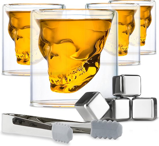 Whisiskey Schedel Whiskey Glazen - 4 Drank Glazen - Whiskey glazen set - Waterglazen - Drinkglazen - Skull Glas - Doodshoofd - Cadeau - Whisiskey