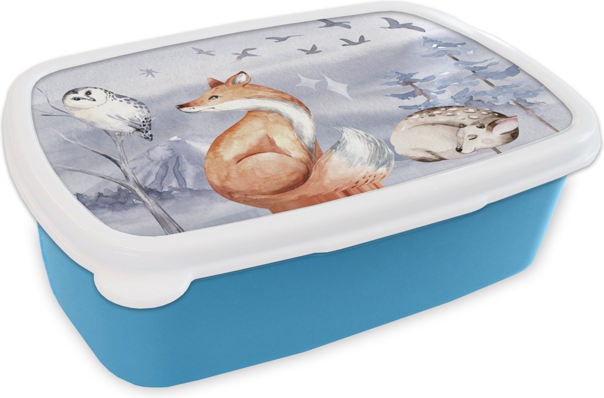 Broodtrommel Blauw - Lunchbox - Brooddoos - Winter - Uil - Hert - Vos - 18x12x6 cm - Kinderen - Jongen