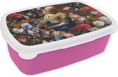 Broodtrommel Roze - Lunchbox - Brooddoos - Melkmeisje - Johannes Vermeer - Bloemen - Kleuren - 18x12x6 cm - Kinderen - Meisje