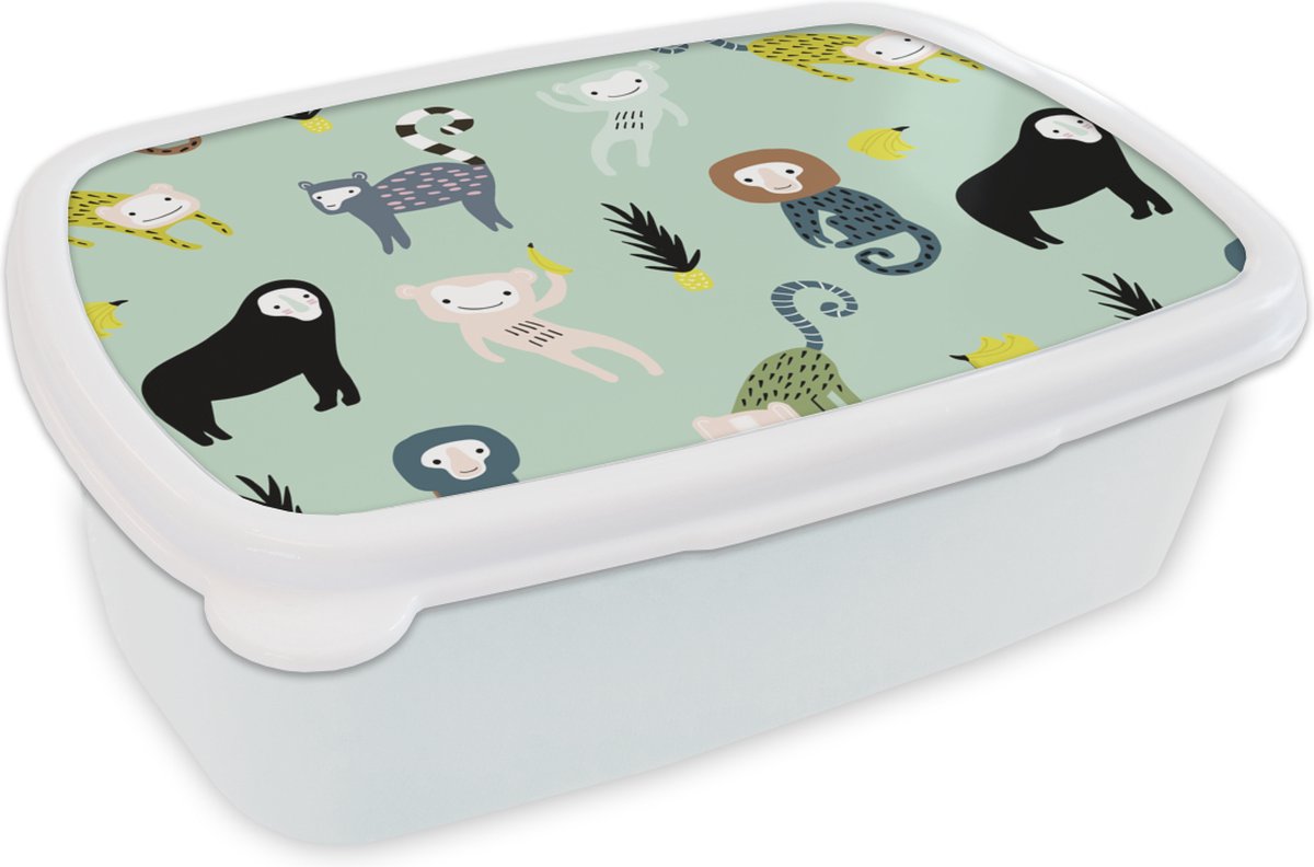 Broodtrommel Wit - Lunchbox - Brooddoos - Aap - Fruit - Pastel - 18x12x6 cm - Volwassenen