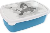 Broodtrommel Blauw - Lunchbox - Brooddoos - Kaart van Europa - zwart wit - 18x12x6 cm - Kinderen - Jongen