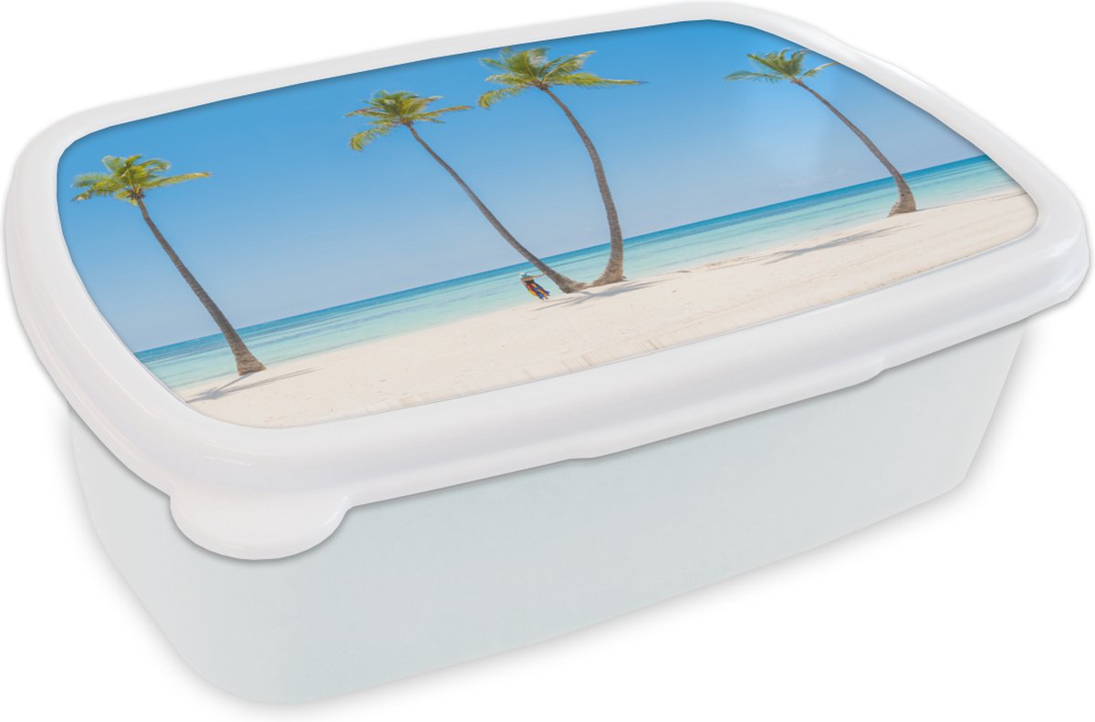 Broodtrommel Wit - Lunchbox - Brooddoos - Zee - Palmbomen - Schaduw - 18x12x6 cm - Volwassenen