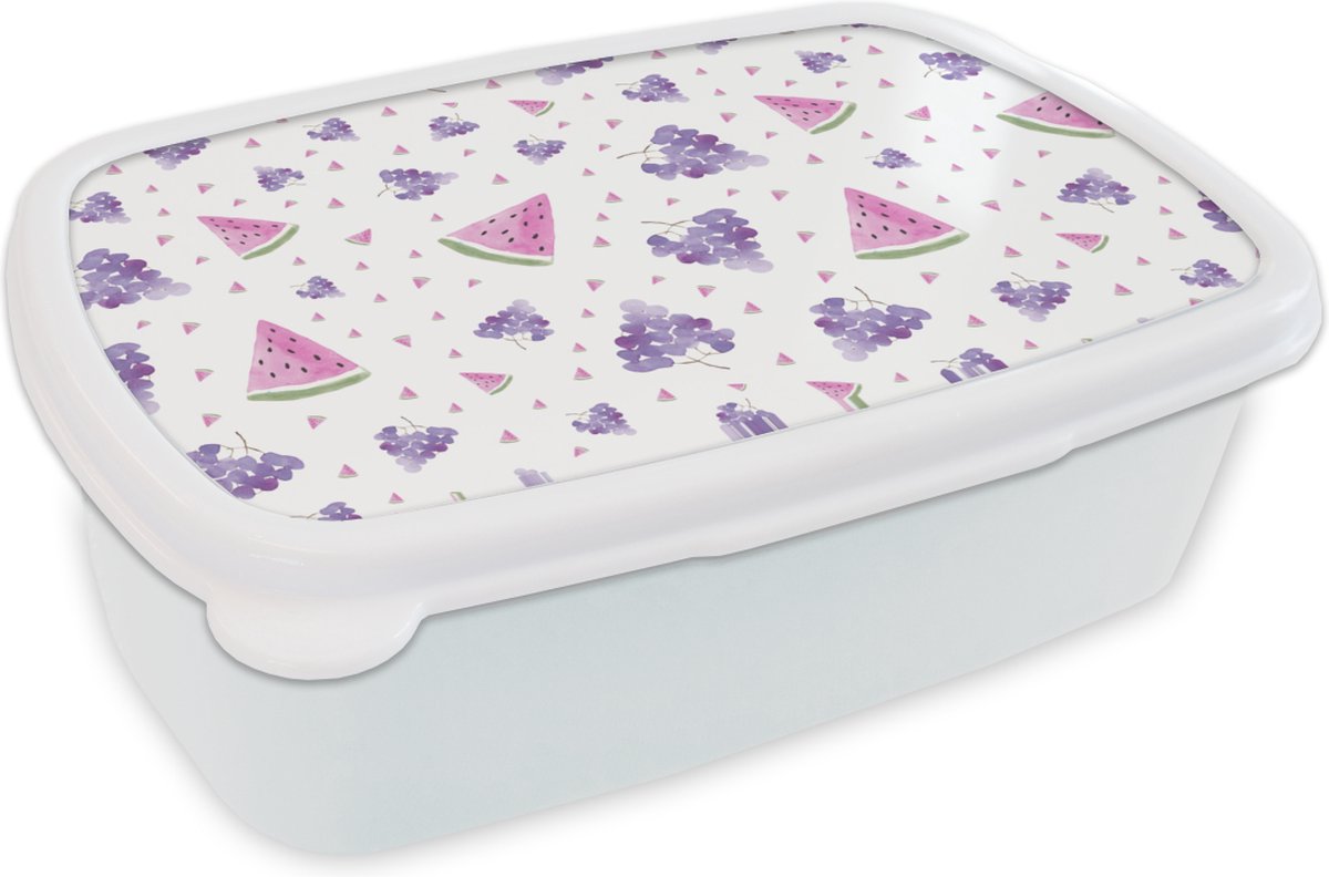 Broodtrommel Wit - Lunchbox - Brooddoos - Druiven - Watermeloen - Pastel - 18x12x6 cm - Volwassenen