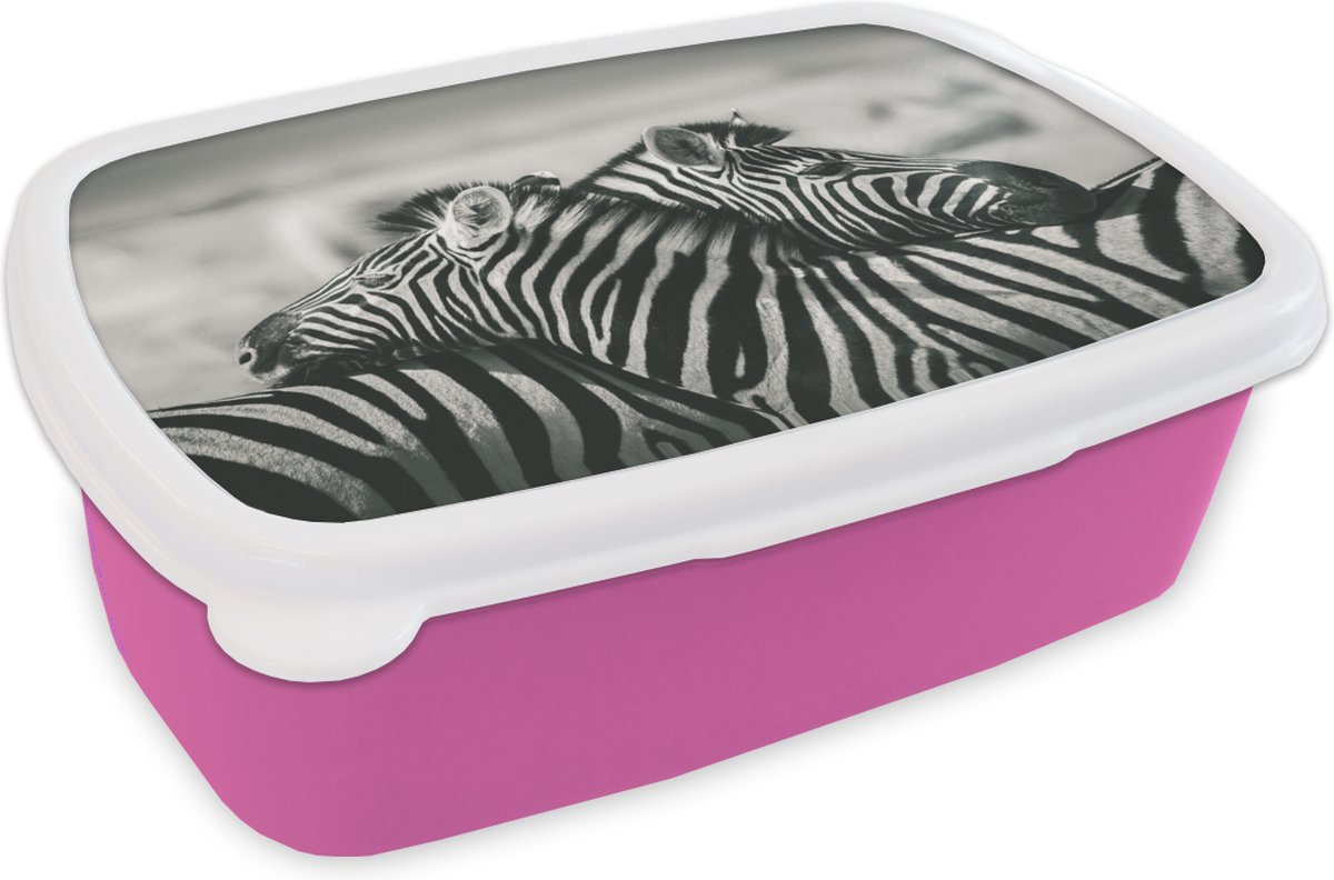 Broodtrommel Roze - Lunchbox - Brooddoos - Knuffelende zebra's - 18x12x6 cm - Kinderen - Meisje