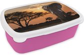 Broodtrommel Roze - Lunchbox - Brooddoos - Olifant - Boom - Afrika - 18x12x6 cm - Kinderen - Meisje