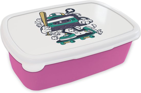 Foto: Broodtrommel roze lunchbox brooddoos cassettebandjes honkbalknuppel skateboard vintage 18x12x6 cm kinderen meisje