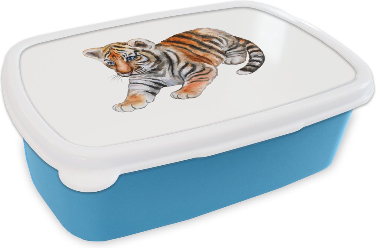 Broodtrommel Blauw - Lunchbox - Brooddoos - Tijger - Baby - Wit - 18x12x6 cm - Kinderen - Jongen