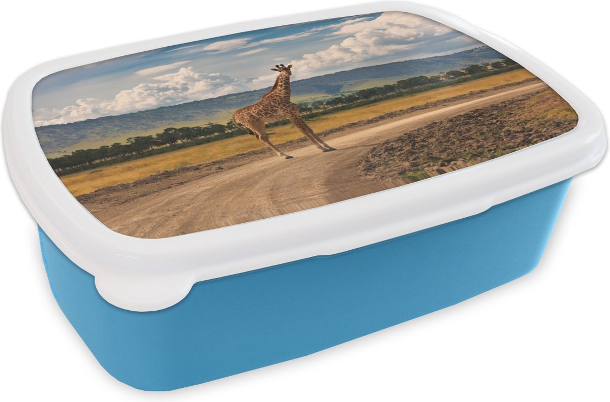 Broodtrommel Blauw - Lunchbox - Brooddoos - Giraffe - Pad - Landschap - 18x12x6 cm - Kinderen - Jongen