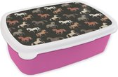 Broodtrommel Roze - Lunchbox - Brooddoos - Paarden - Wit - Bruin - Meisjes - Kinderen - Meiden - 18x12x6 cm - Kinderen - Meisje