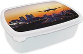 Broodtrommel Wit - Lunchbox - Brooddoos - Vliegtuig land in London - 18x12x6 cm - Volwassenen