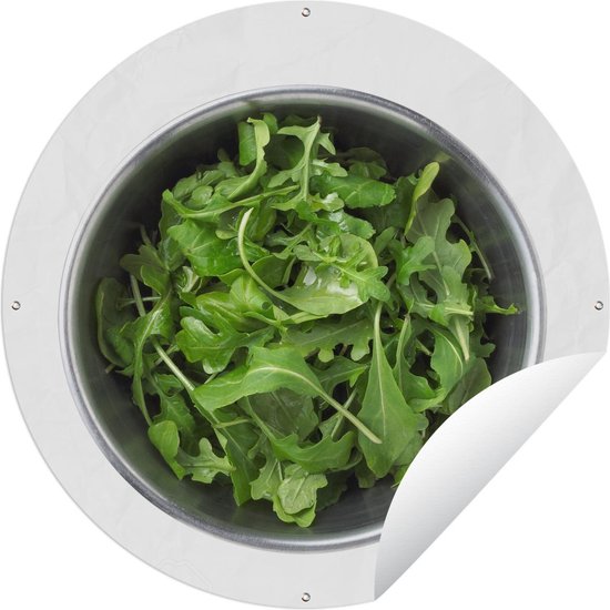 Tuincirkel Kom van rucola salade tegen een witte achtergrond - 120x120 cm - Ronde Tuinposter - Buiten XXL / Groot formaat!