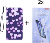 Motorola G9 Bookcase hoesje met print - Hearts met 2 stuks Glas Screen protector