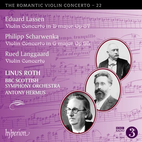 Albumhoes met portretten van Eduard Lassen, Philipp Scharwenka en Rued Langgaard, met muzieknotatie en tekst 'THE ROMANTIC VIOLIN CONCERTO ~ 22'.