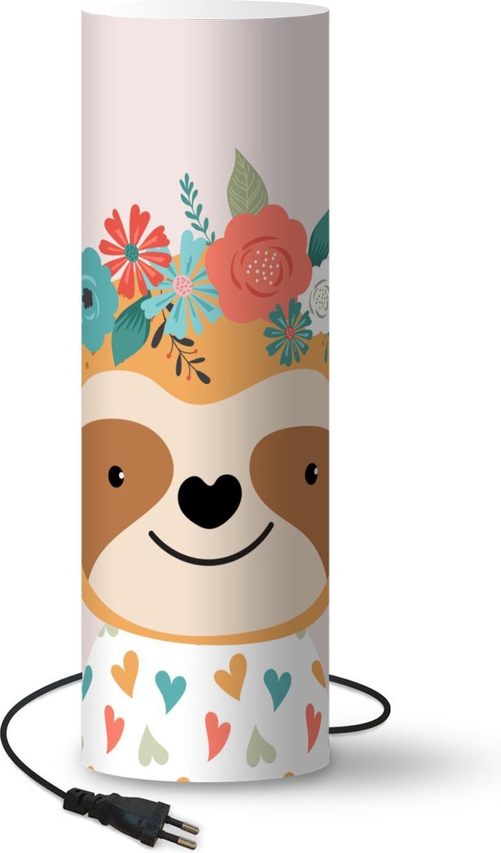 Lamp - Nachtlampje - Tafellamp slaapkamer - Luiaard - Bloemen - Pastel - 60 cm hoog - Ø19.1 cm - Inclusief LED lamp