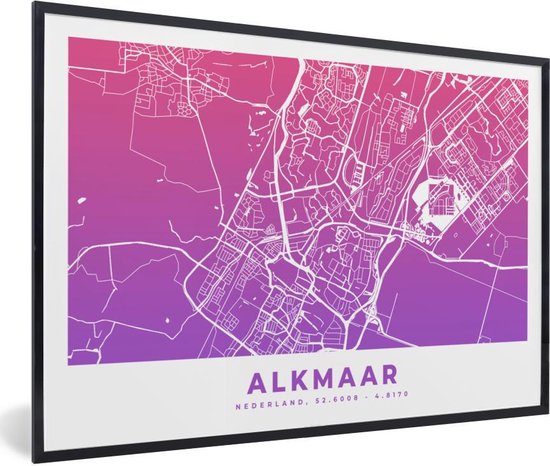 Fotolijst incl. Poster - Stadskaart - Alkmaar - Paars - Roze - 90x60 cm - Posterlijst - Plattegrond