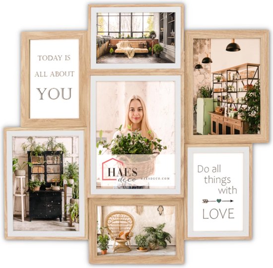 HAES DECO - Cadre Multi photo en bois / Galerie Fevik aux couleurs marron et blanc pour 4 photos 10x15, 2 photos 13x18 et 1 photo 15x20 (format 46x47,5) - MP127