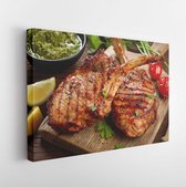 Canvas schilderij - Freshly grilled Tomahawk steaks on wooden cutting board  -     671734936 - 40*30 Horizontal