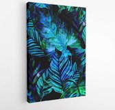 Canvas schilderij - Watercolor seamless pattern with tropical leaves: palms, monstera, passion fruit. Beautiful allover print with hand drawn exotic plants. Swimwear botanical desi