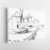 Canvas schilderij - Pencil drawing of province mills in Spain -     350368175 - 40*30 Horizontal
