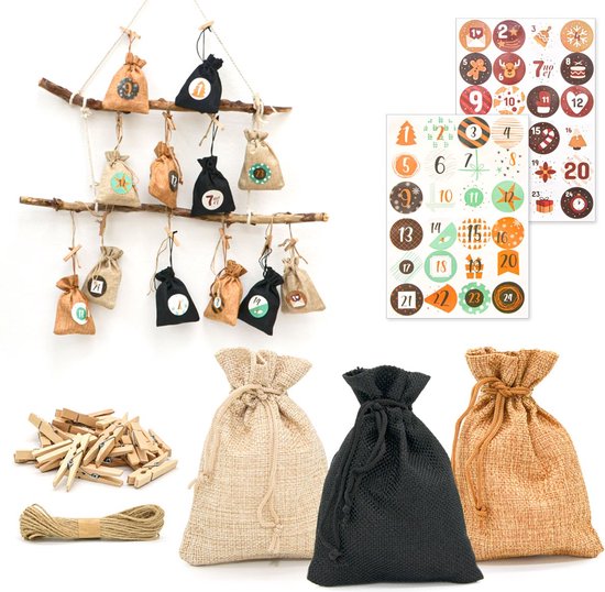 XL Adventskalender om te Vullen - 24 Geschenkzakken - DIY Kerstversiering - Complete Knutselkit