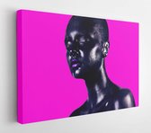 Canvas schilderij - Close up portrait of young beautiful girl with black face painting. Halloween professional makeup. shining black and pink paint on face. pink lips. pink backgro