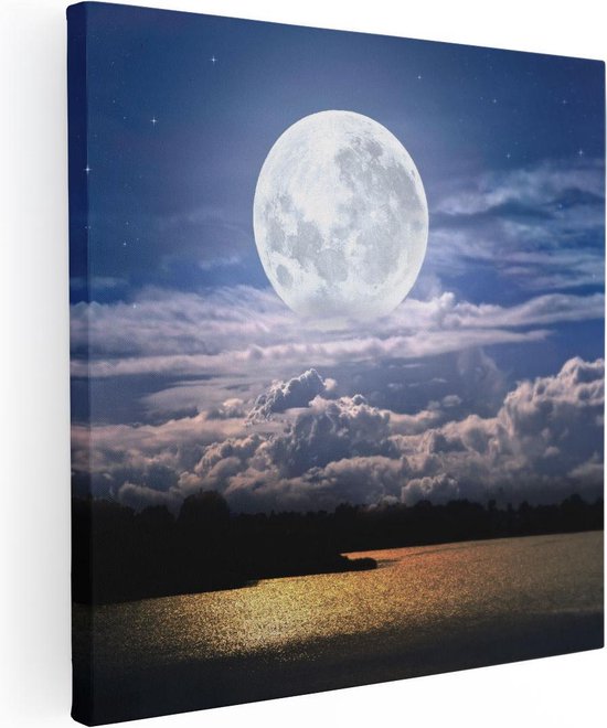 Artaza Canvas Schilderij Volle Maan bij het Water - 70x70 - Foto Op Canvas - Canvas Print