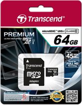 Transcend Premium UHS-I Micro SD kaart 64GB + adapter  (300x)
