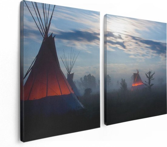 Artaza Peinture sur toile Diptyque Indiens Tipi dans la nuit pendant le brouillard - 120x80 - Photo sur toile - Impression sur toile