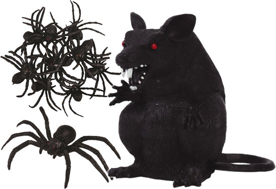 Nep beestjes set - rat en spinnen - zwart - Horror/griezel thema decoratie