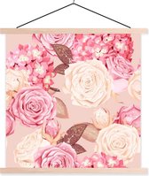 Posterhanger incl. Poster 40x40 cm - Schoolplaat - Rozen - Glitter - Roze - Wit - Textielposter - Blanke latten