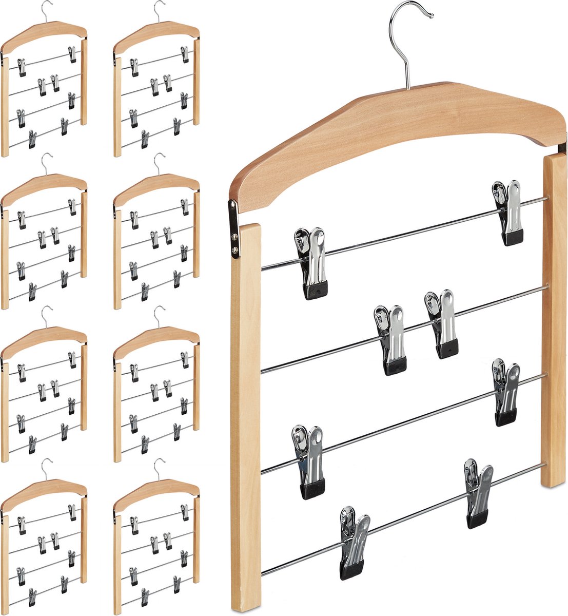 multi broekhanger hout - set van 9 - kledinghanger broeken - kleerhanger klem