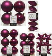 Kerstversiering kunststof kerstballen/hangers framboos roze 6-8-10 cm pakket van 62x stuks - Kerstboomversiering