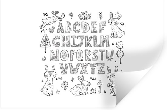 Muurstickers - Sticker Folie - Illustratie alfabet met konijnen zwart-wit - 30x20 cm - Plakfolie - Muurstickers Kinderkamer - Zelfklevend Behang - Zelfklevend behangpapier - Stickerfolie