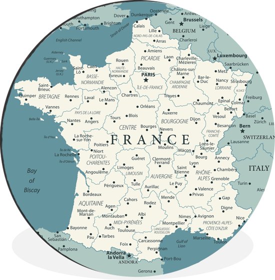 WallCircle - Wandcirkel - Muurcirkel - Blauwe kaart van Frankrijk - Aluminium - Dibond - ⌀ 60 cm - Binnen en Buiten