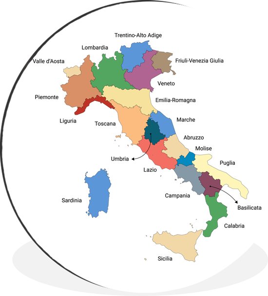 WallCircle - Wandcirkel - Muurcirkel - Kaart met de regio's van Italië - Aluminium - Dibond - ⌀ 30 cm - Binnen en Buiten