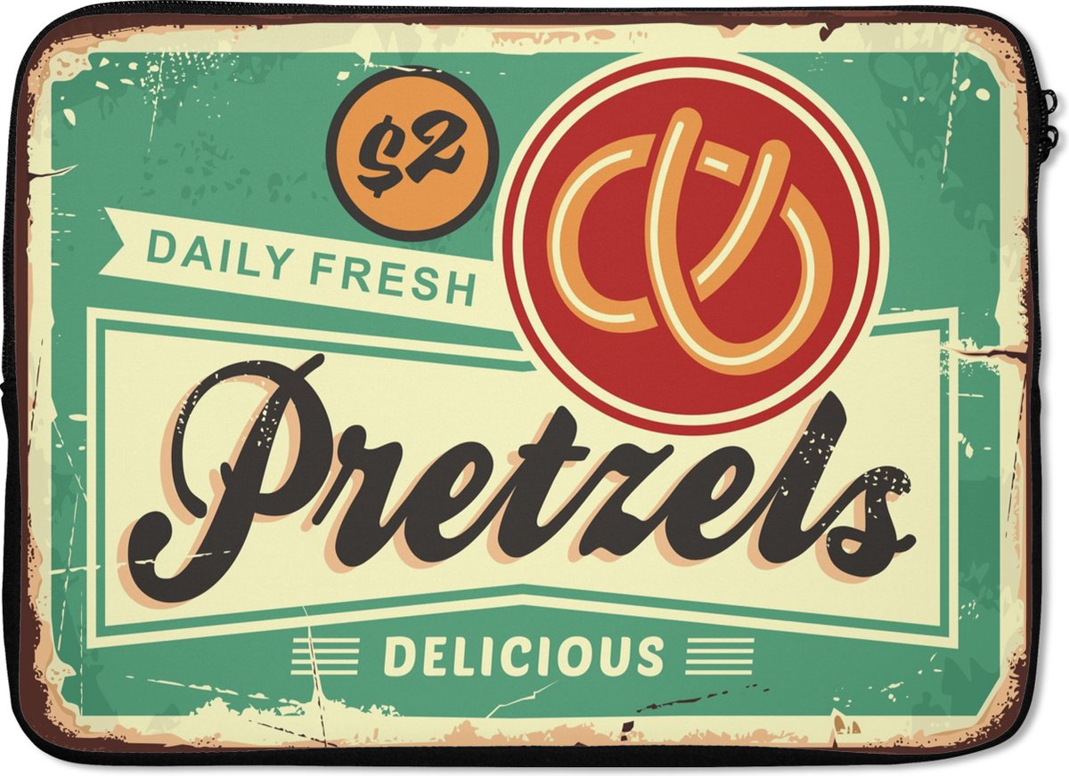 Laptophoes 14 inch - Pretzel - Vintage - Quote - Laptop sleeve - Binnenmaat 33x23 cm - Zwarte achterkant