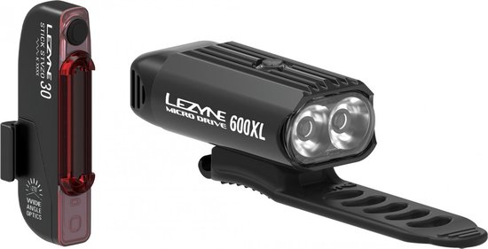 Lezyne Micro Drive 600XL / Stick Pair - Oplaadbare LED fietslampen - Voor 9 Standen & 600 lumen - Achter 7 Standen & 30 Lumen - Accu tot 44/23 uur - Waterbestendig - 76 & 72 mm - Zwart