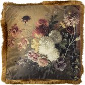 Clayre & Eef Sierkussen 45*45 cm Groen, Goudkleurig Synthetisch Vierkant Bloemen Kussenhoes met Kussenvulling