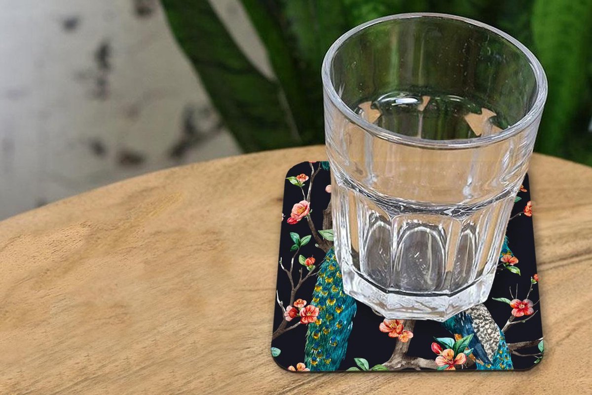 Onderzetters voor glazen - Patronen - Pauw - Bloesem - Zwart - 10x10 cm - Glasonderzetters - 6 stuks