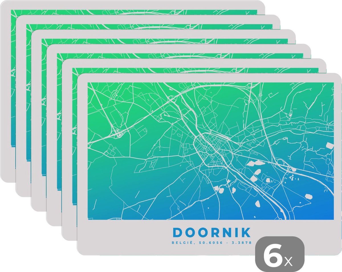 Placemat - Placemats kunststof - Stadskaart - België - Doornik - Blauw - 45x30 cm - 6 stuks - Hittebestendig - Anti-Slip - Onderlegger - Afneembaar