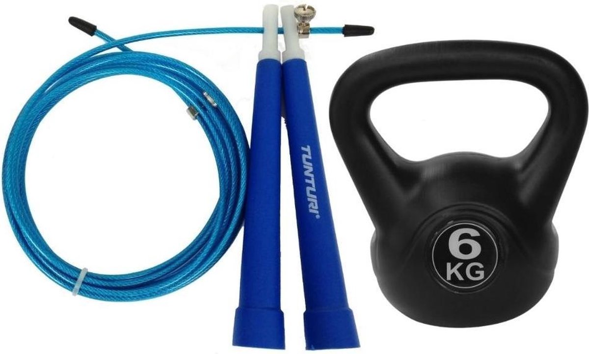 Tunturi - Fitness Set - Springtouw Blauw - Kettlebell 6 kg