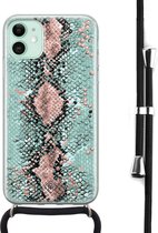 iPhone 11 hoesje met koord - Slangenprint pastel mint | Apple iPhone 11 crossbody case | Zwart, Transparant | Slangenprint