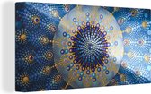 Canvas Schilderij Cirkel - Mandala - Blauw - Geel - 40x20 cm - Wanddecoratie