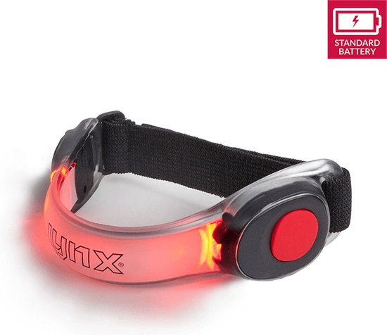 Rode LED-armband van Lynx die oplicht. Zwarte band en rode knop.