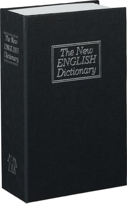 Zwarte boekkluis, gesloten, met opdruk 'The New English Dictionary'.