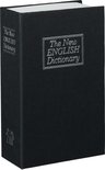Zwarte boekkluis, gesloten, met opdruk 'The New English Dictionary'.